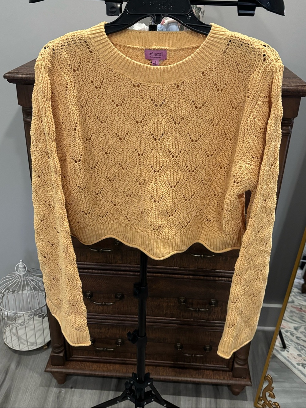 Francesca’s Miami Women’s Cropped Openwork Crewneck Sweater in Mustard Yellow
